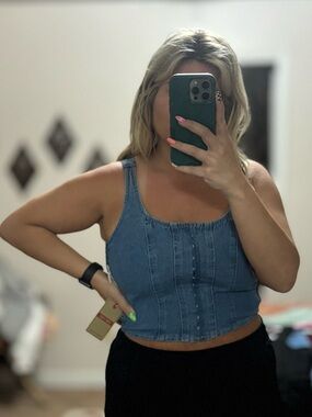 Denim Button-Front Crop Tank Top